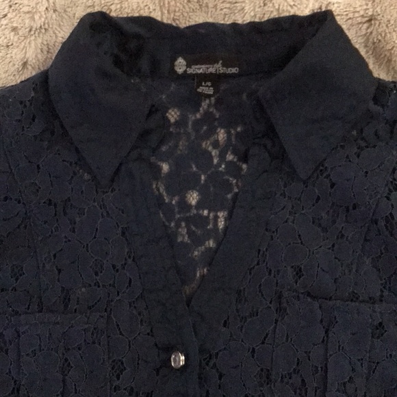 Navy blue floral lace button front shirt L 3/4 sleeve satin collar & trim - Picture 2 of 9